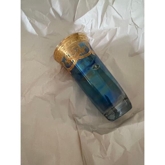 Vintage J Preziosi Lavorato a Mano Italian Blue Glass Vase Gold Overlay JL - Picture 11 of 11